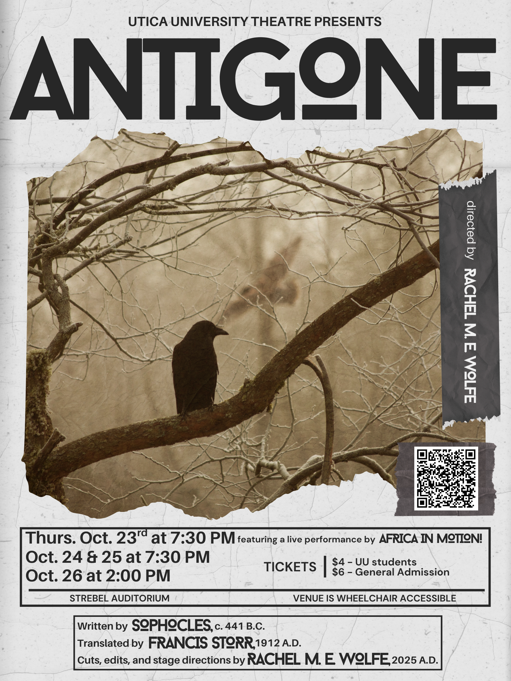 Poster with title "Antigone" above an image of a black bird sitting on a tree branch.