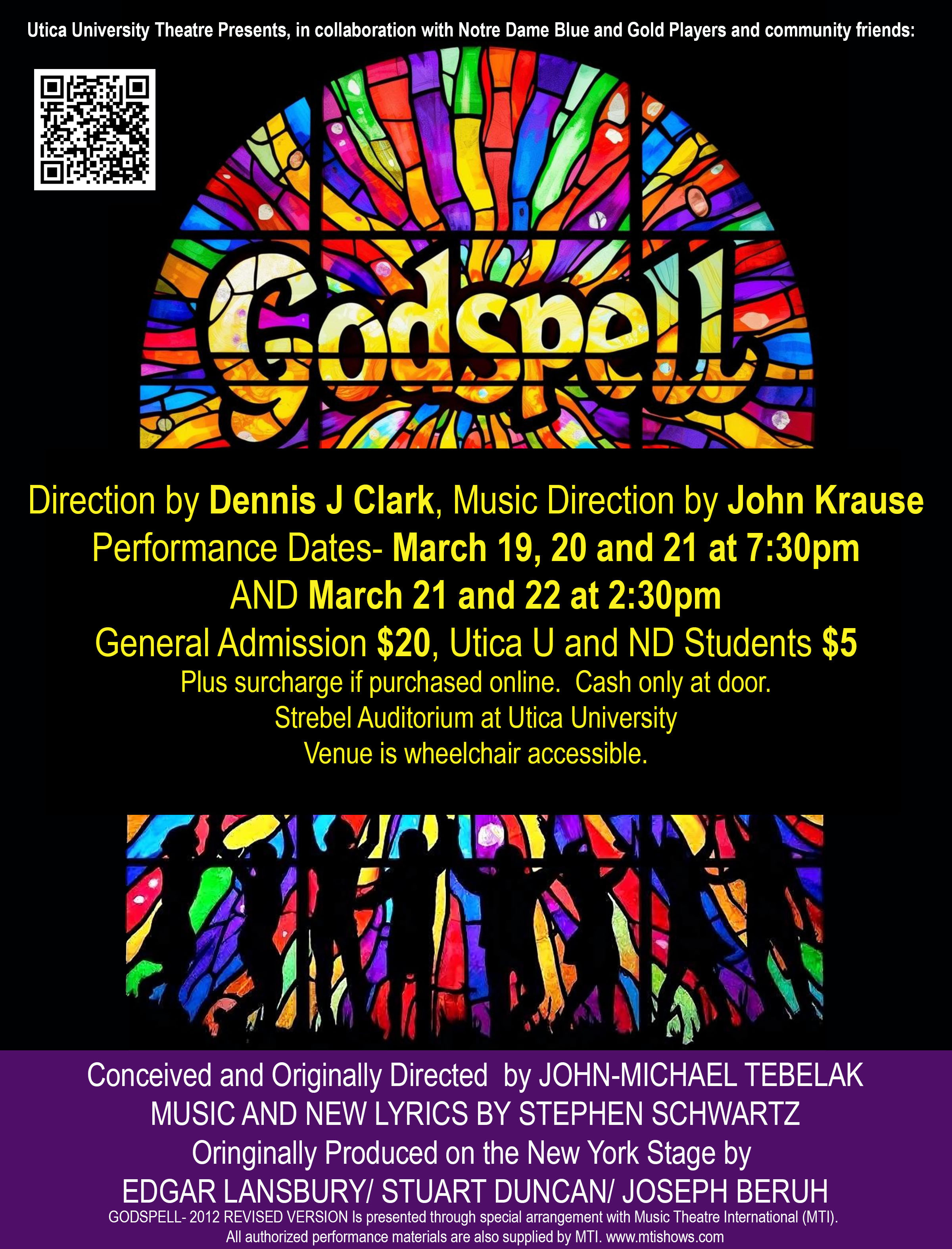 Flyer with stained glass window and title GODSPELL, detailing performance times.