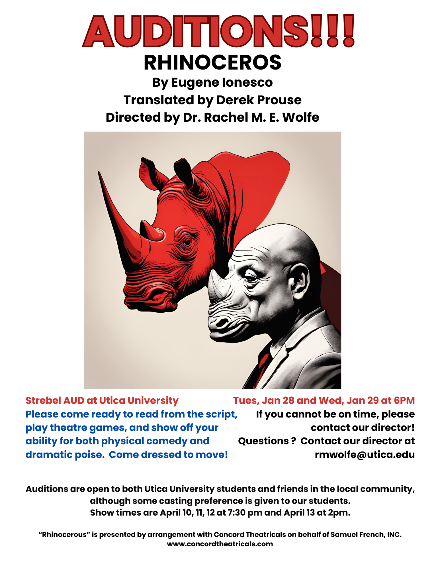 Image of a red rhinoceros and a humanoid gray rhinoceros in a suit with audition information.